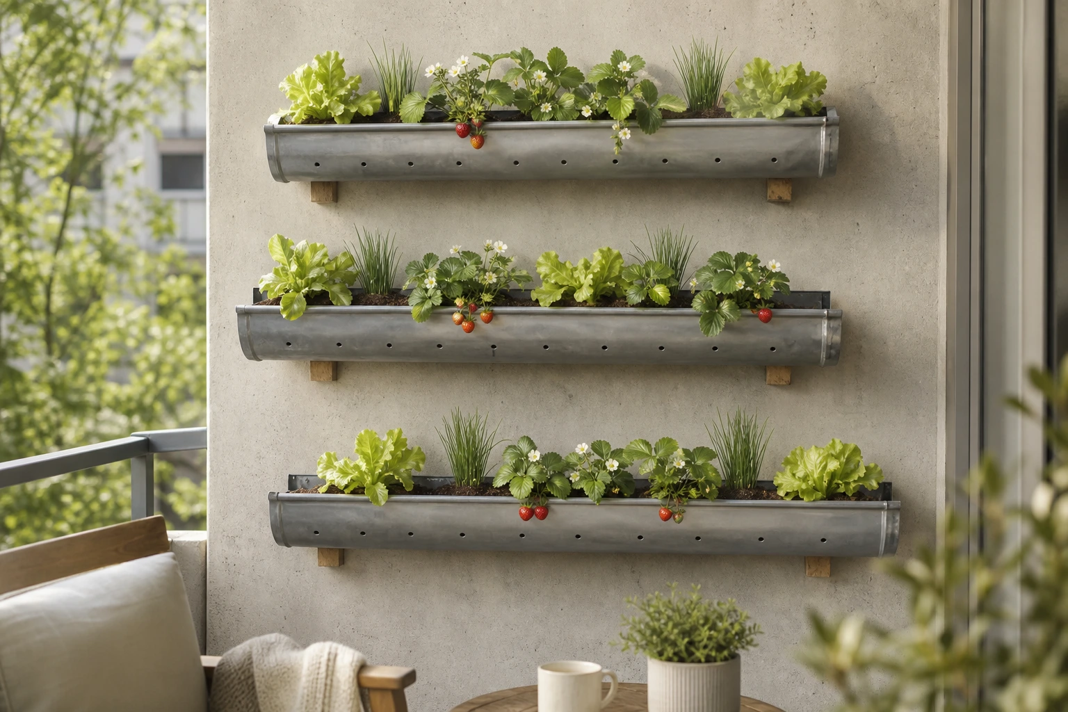 Trois gouttières zinc recyclées plantées en cascade sur mur de balcon : fraisiers, salade, ciboulette