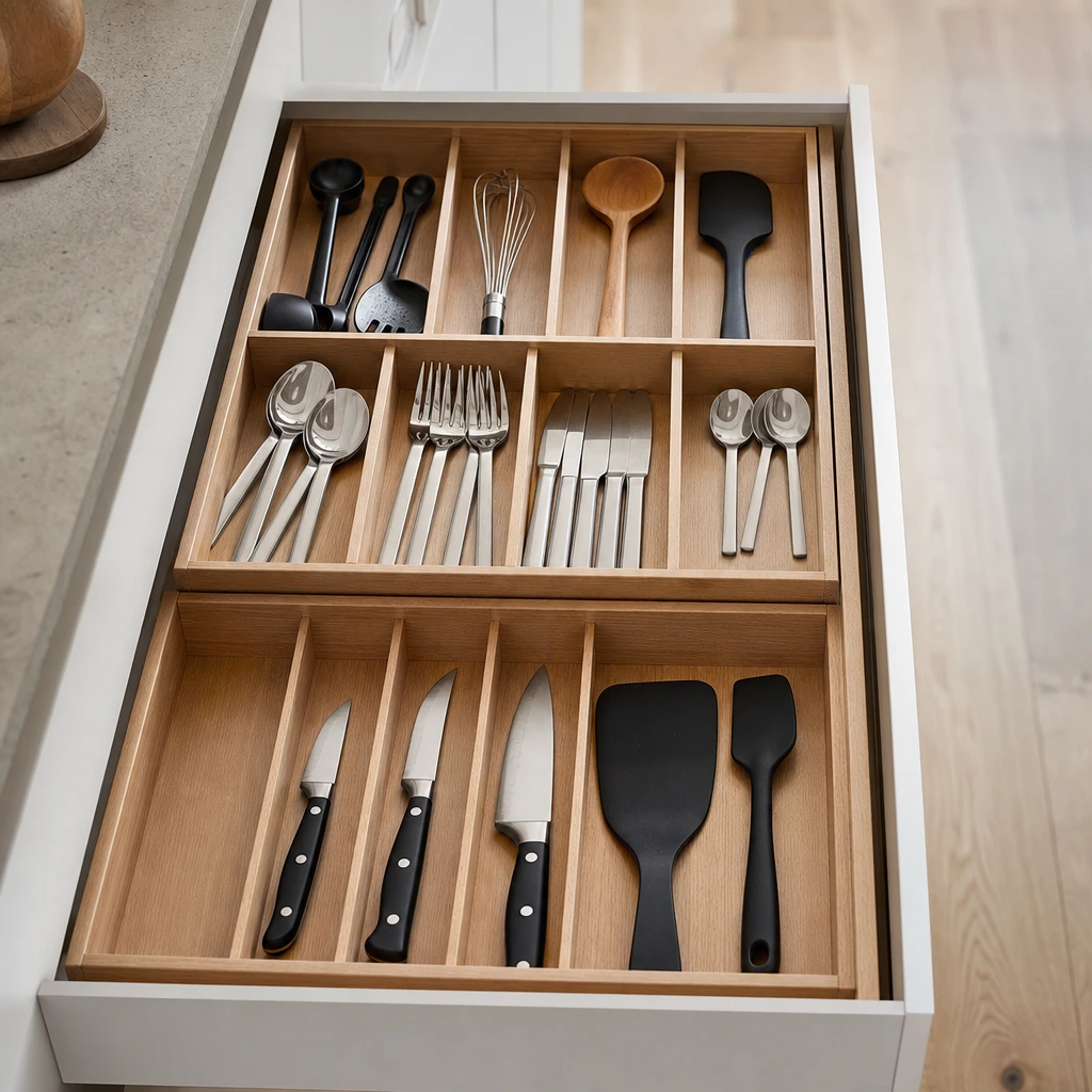 Tiroir de cuisine profond avec organisateur en bois compartimenté pour couverts et ustensiles