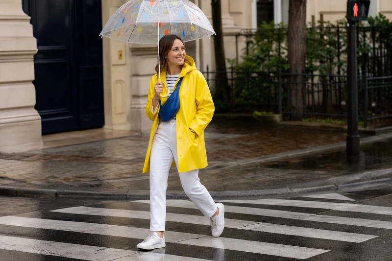 Ciré jaune vif, jean blanc et baskets blanches dopamine dressing