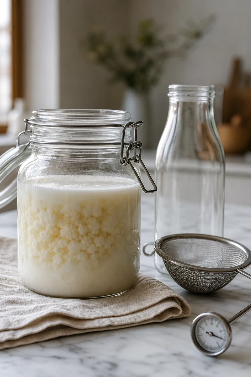 Préparation du kéfir de lait maison avec grains de kéfir dans un bocal en verre