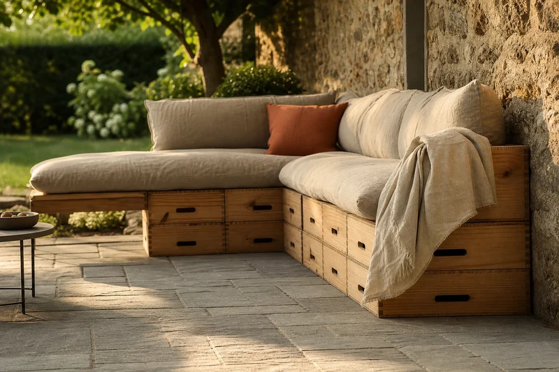 Banquette de terrasse construite en caisses à vin récupérées avec coussins lin et plaid
