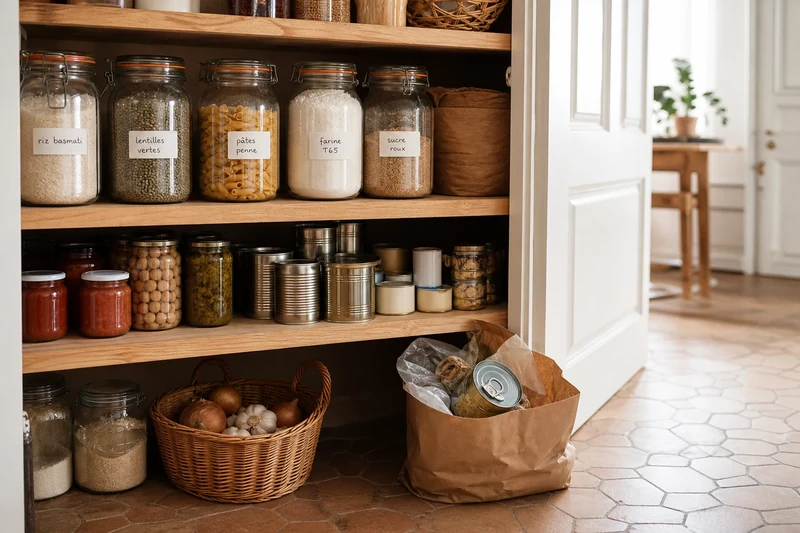Garde-manger réorganisé avec bocaux étiquetés et sac d'aliments périmés mis de côté