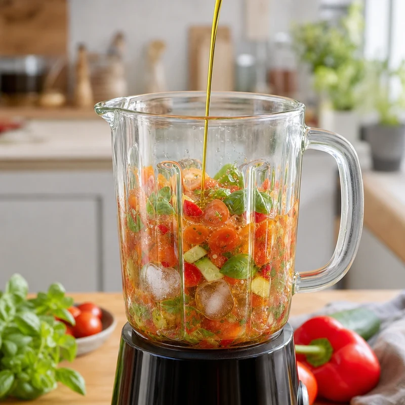 Blender en verre en plein mixage du gaspacho de tomates cerises, concombre et basilic