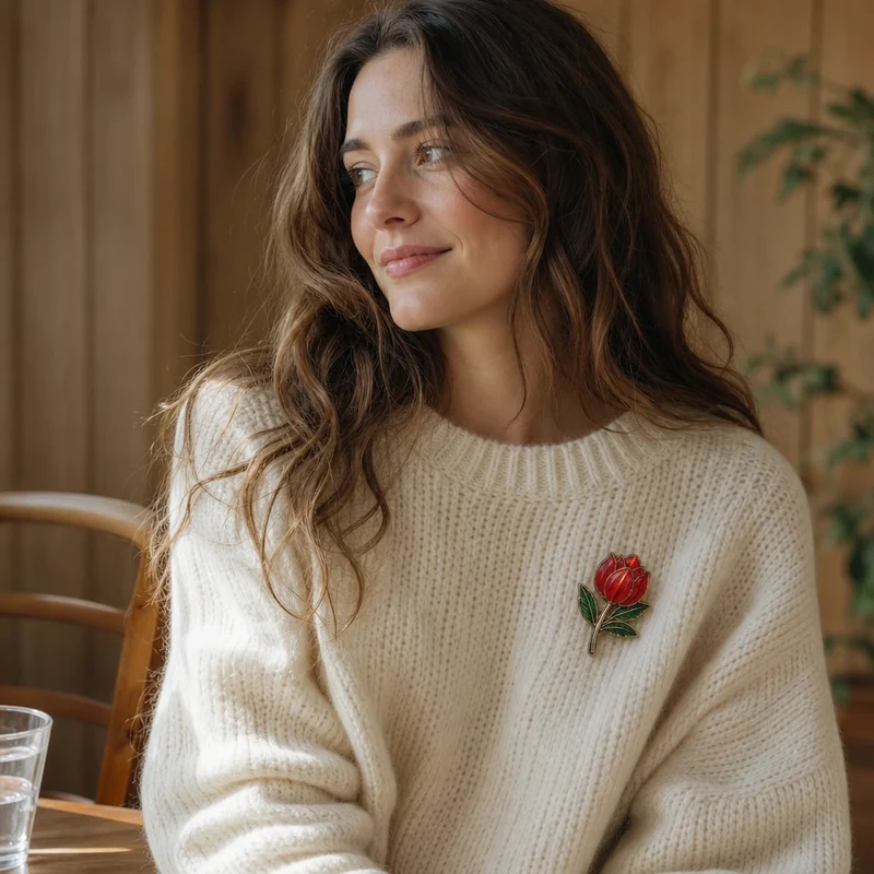 Broche florale émaillée rouge sur pull en grosse maille crème