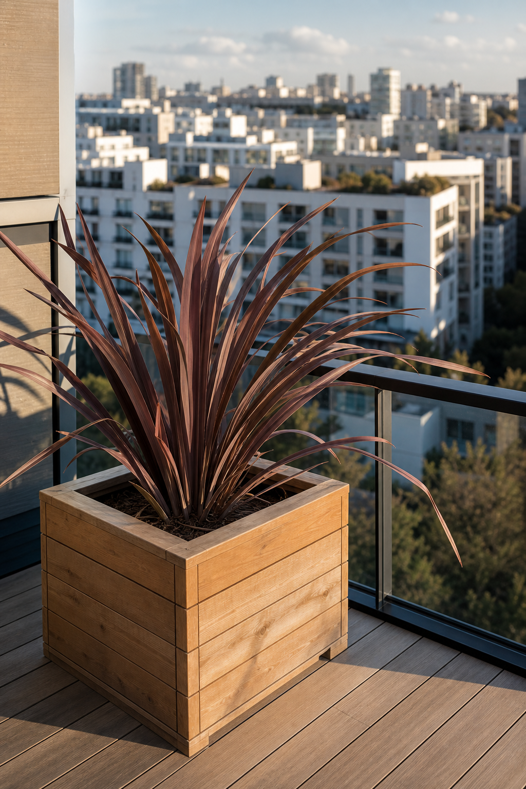 Phormium tenax bronze en bac de bois sur terrasse urbaine