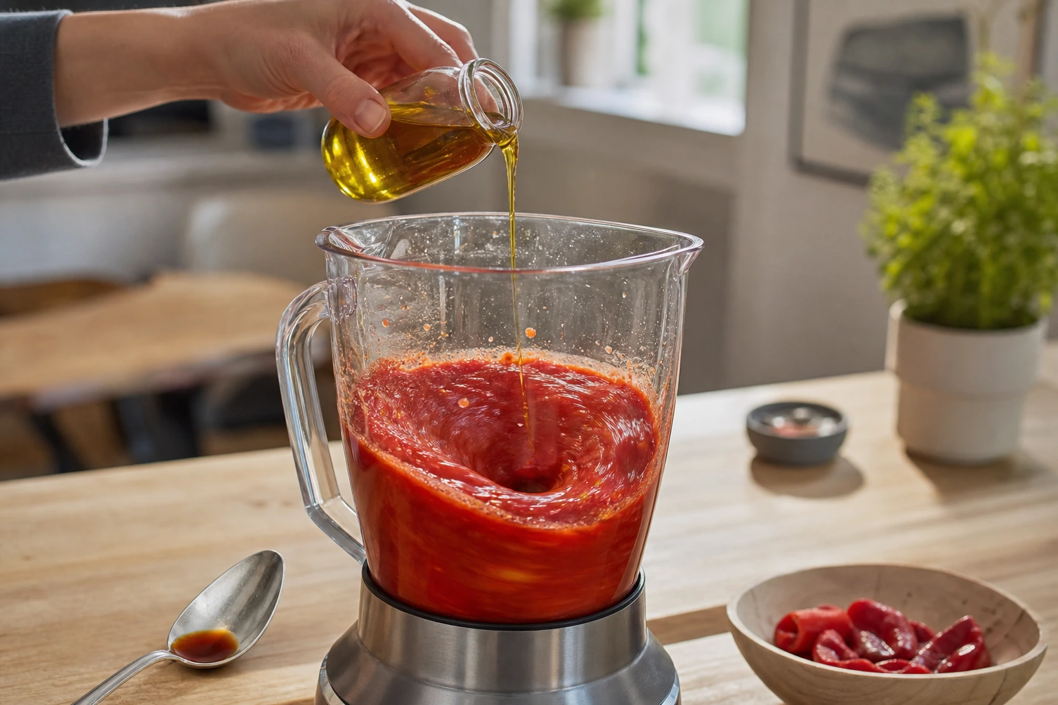 Filet d'huile d'olive ajouté dans le blender pendant le mixage du gaspacho
