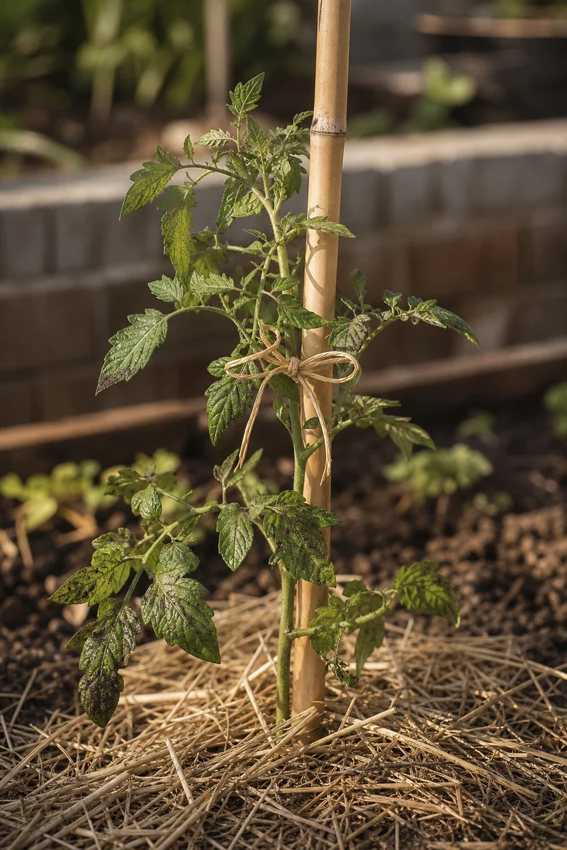 Retuteurage d'un plant de tomate couché après la pluie avec lien en raphia