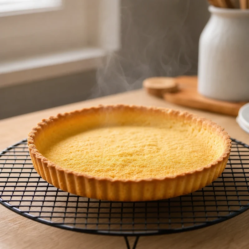 Fond de tarte sablée cuit à blanc, doré et croustillant, posé sur grille de refroidissement