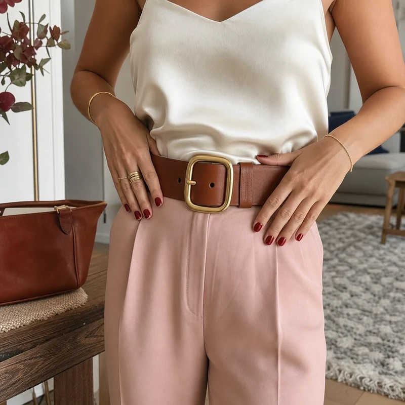 Ceinture épaisse à boucle dorée XXL portée sur pantalon rose poudré et caraco ivoire