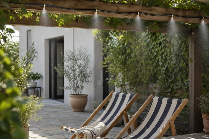 Système de brumisation DIY installé sous une pergola en bois avec buses en laiton