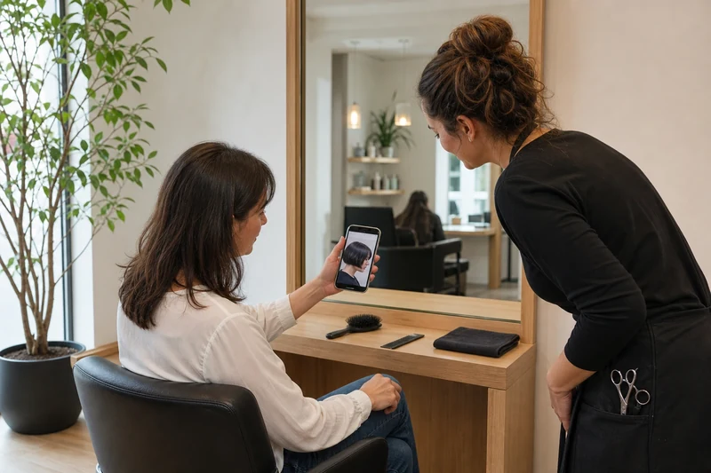 Cliente montrant une photo de référence de Japanese Bob à sa coiffeuse en consultation