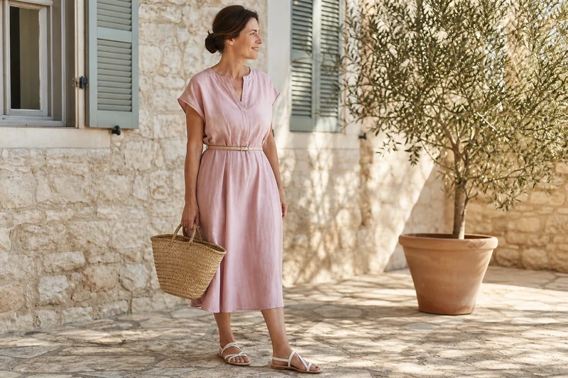 Femme en robe midi rose dragée en lin sur une terrasse méditerranéenne