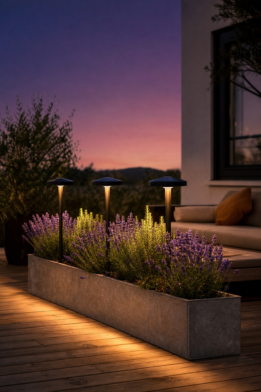 Bornes solaires basses balisant une jardinière de lavande sur terrasse