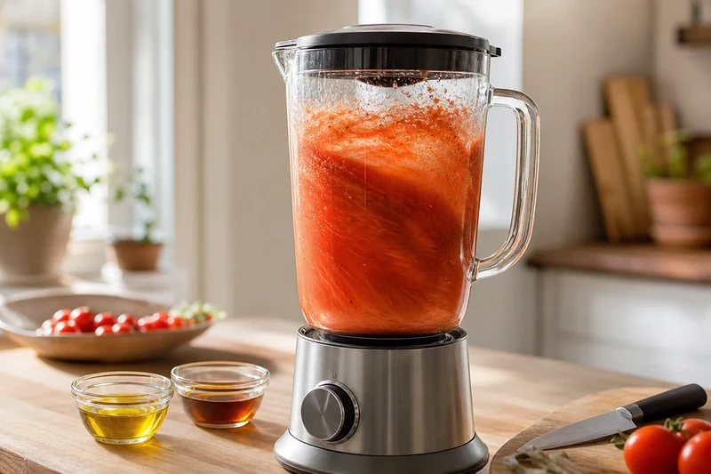 Mixage du gaspacho aux tomates cerises au blender