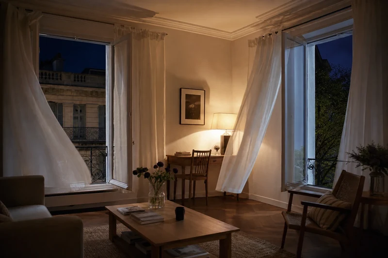 Ventilation nocturne traversante entre deux fenêtres opposées dans un séjour français