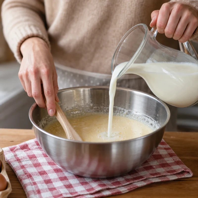 Incorporation du lait entier dans la pâte à clafoutis