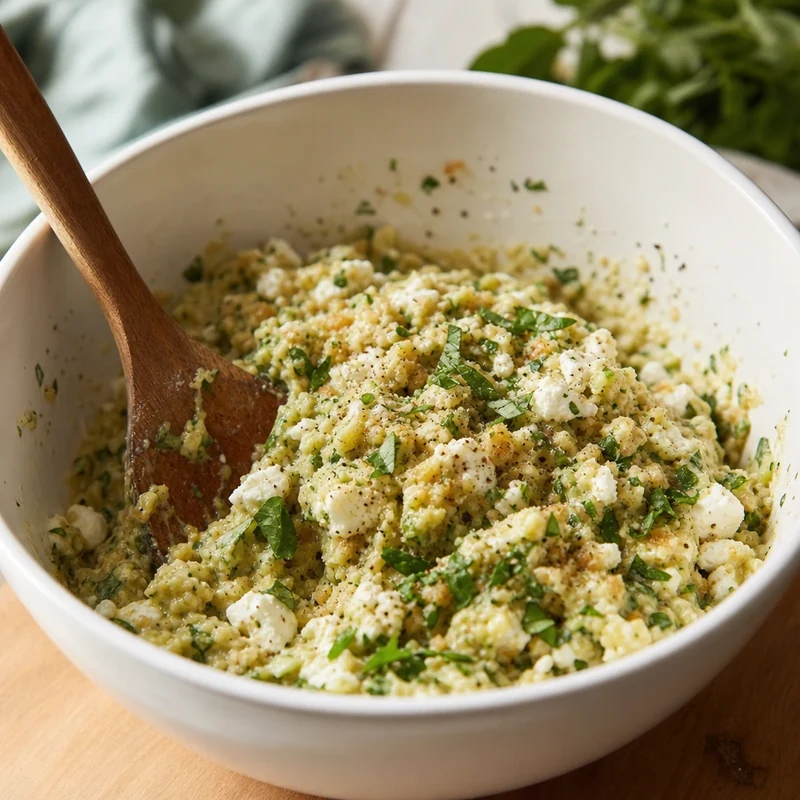 Farce à base de chèvre frais, courgette, basilic et menthe dans un bol blanc