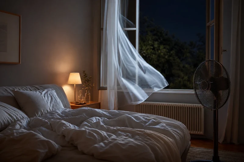 Chambre aérée la nuit avec ventilateur orienté vers la fenêtre ouverte