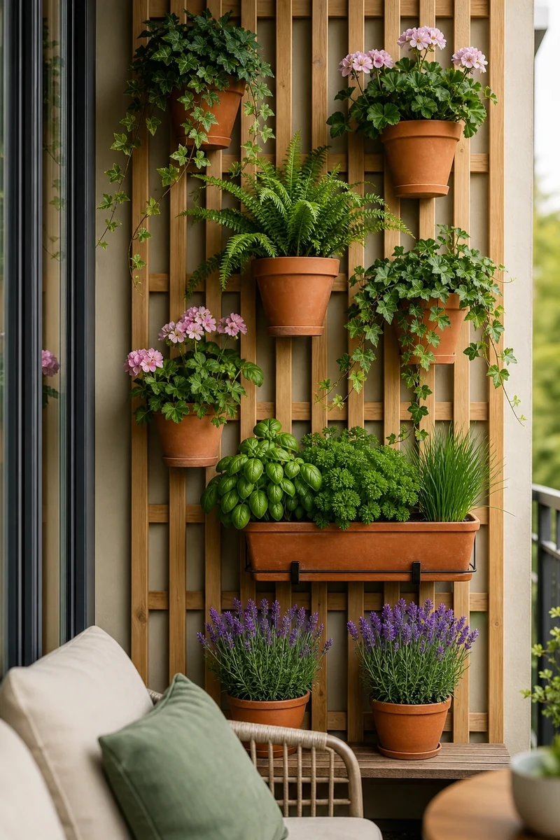Mur végétal vertical sur petit balcon : treillis bois, pots suspendus et jardinière d'aromatiques