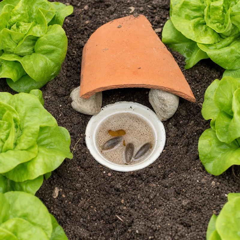 Piège à bière artisanal enterré entre deux rangs de salades, protégé par une tuile en terre cuite
