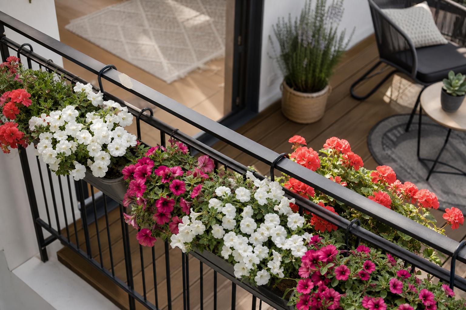 Jardinières fixées côté intérieur du garde-corps d'un balcon, soucoupes intégrées