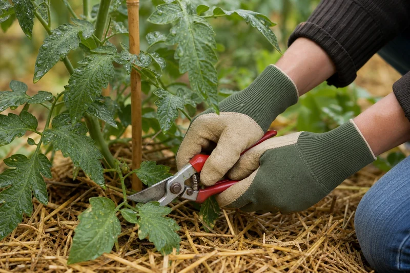 Suppression des feuilles basses d'un plant de tomate au sécateur après la pluie