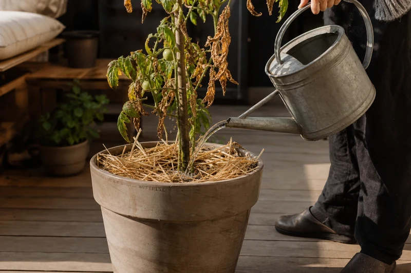 Arrosage au goulot, sans pomme, directement au pied d'une tomate en pot avec paillage
