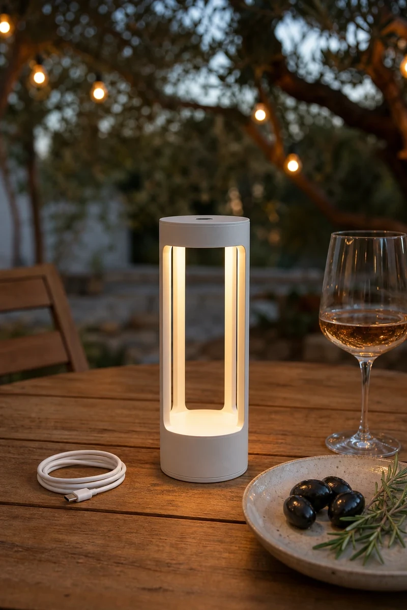 Lampe nomade rechargeable allumée sur une table en teck au crépuscule avec verre de rosé