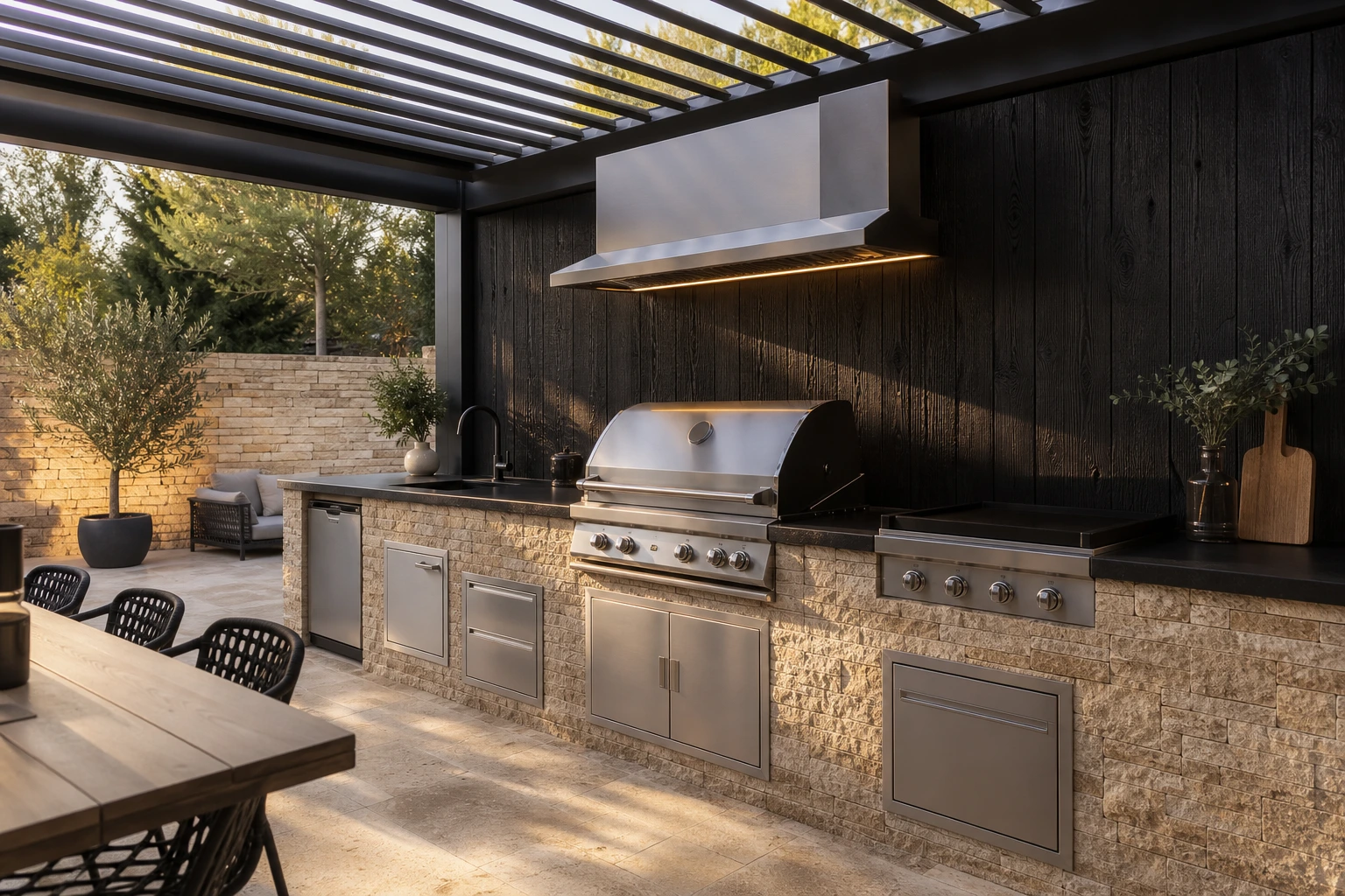 Cuisine outdoor encastrée sous pergola bioclimatique avec barbecue gaz, plancha, évier sous-plan et hotte LED