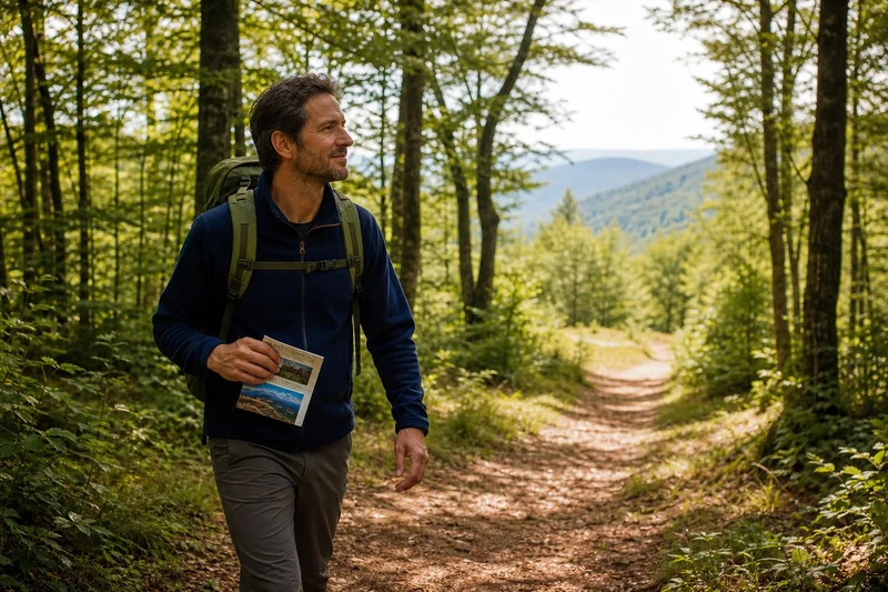 Papa randonneur en forêt française tenant un bon cadeau expérience plein air