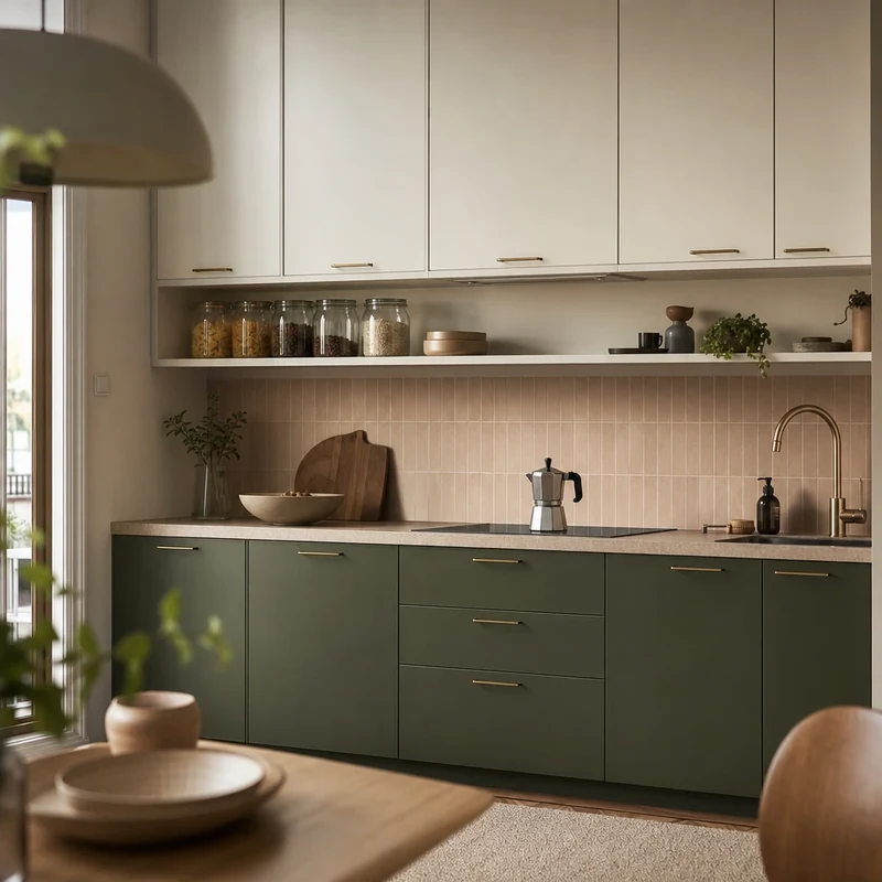Cuisine bicolore crème et vert olive avec crédence zellige et bocaux alimentaires en verre