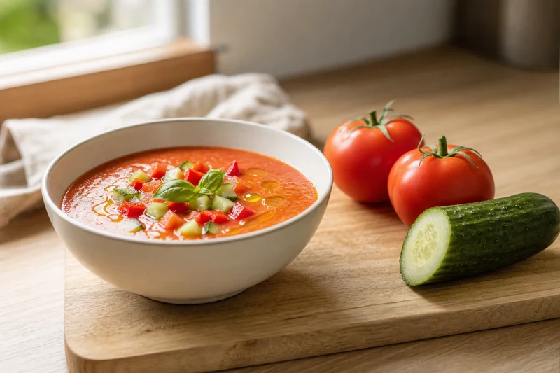 Bol de gaspacho de tomates frais garni de dés de concombre, poivron rouge et basilic