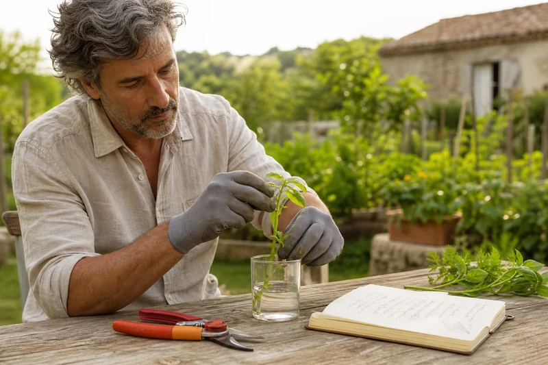 Bouturage de basilic en lune descendante avec sécateur et carnet de jardin