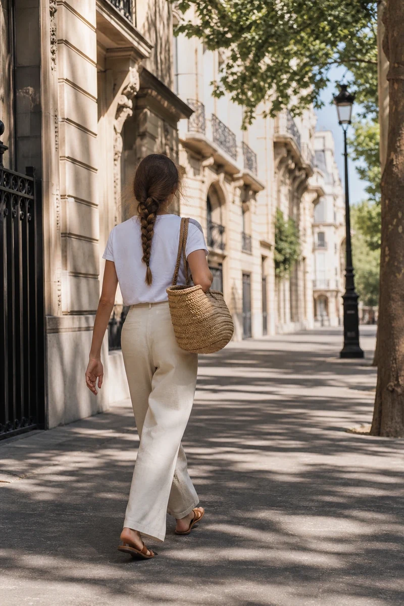 Tenue capsule été en lin et coton bio portée dans une rue parisienne