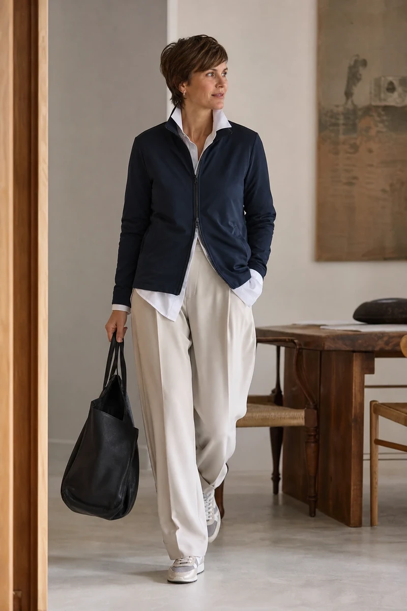 Look 3 streetwear chic : veste de sport bleu marine sur chemise blanche oversize avec pantalon à pinces