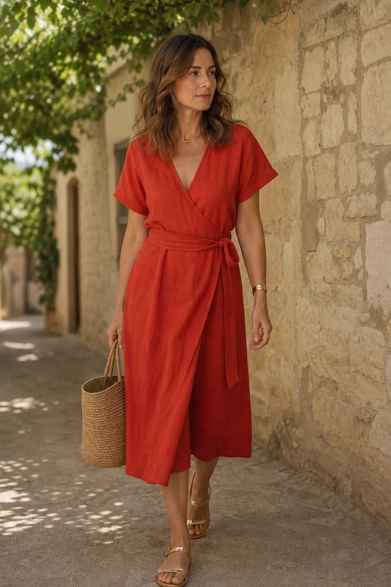 Robe portefeuille rouge tomate en lin pour l'été 2026
