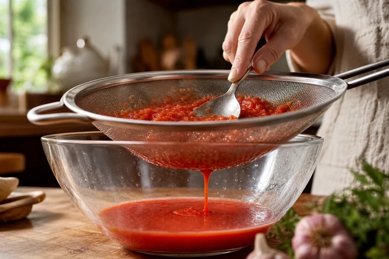 Gaspacho de tomates filtré au chinois au-dessus d'un saladier en verre pour obtenir une texture parfaitement lisse