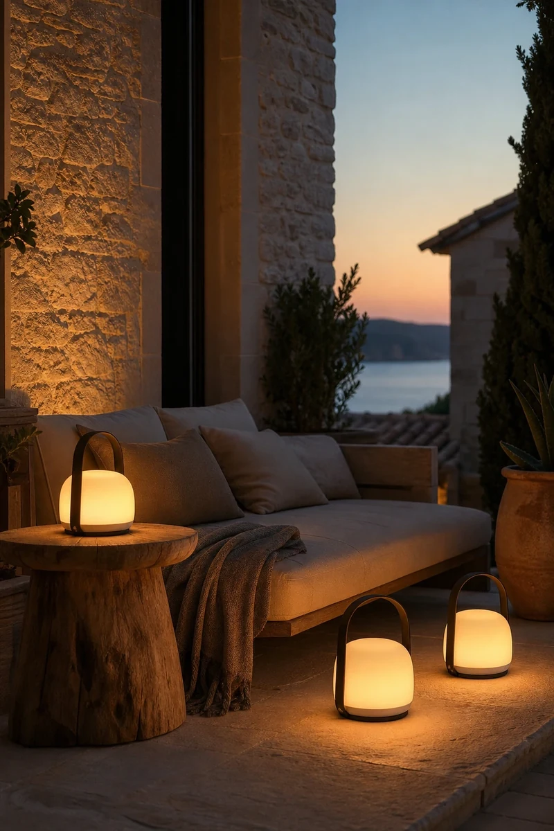 Lampes nomades rechargeables sur une terrasse au crépuscule