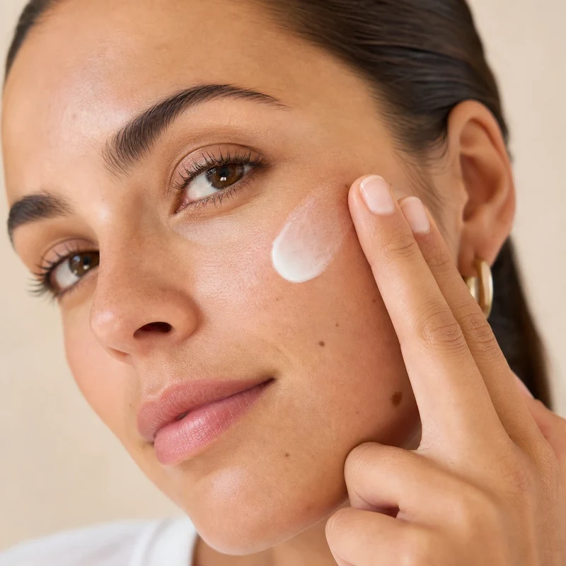 Application macro d'une crème solaire SPF 50 fluide sur la pommette