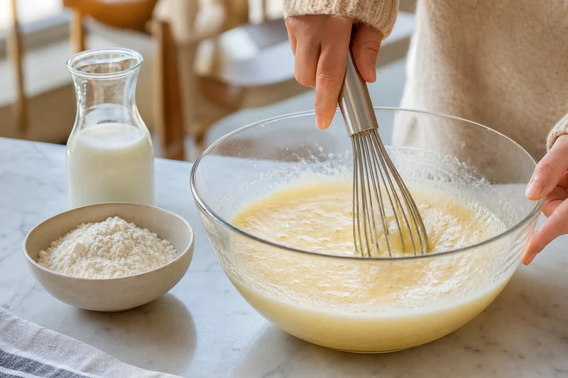Mélange des œufs et du sucre au fouet dans un saladier en verre