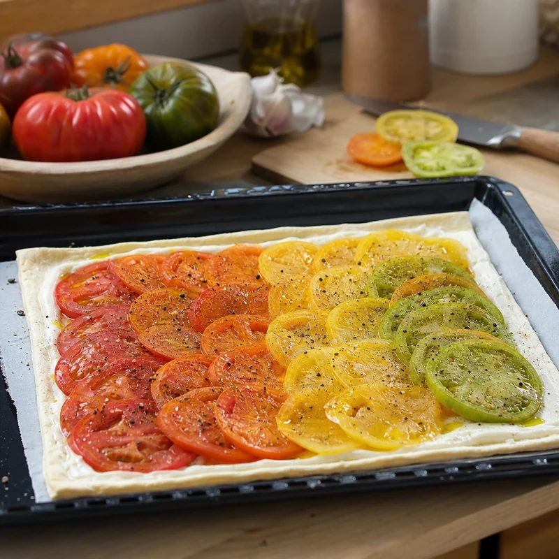 Tarte tomate crue avant cuisson, rondelles disposées en écailles colorées