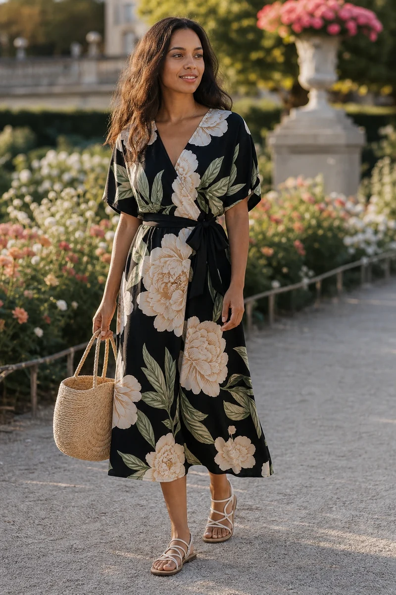 Femme en robe midi à imprimé floral XXL pivoines crème sur fond noir dans un jardin parisien.