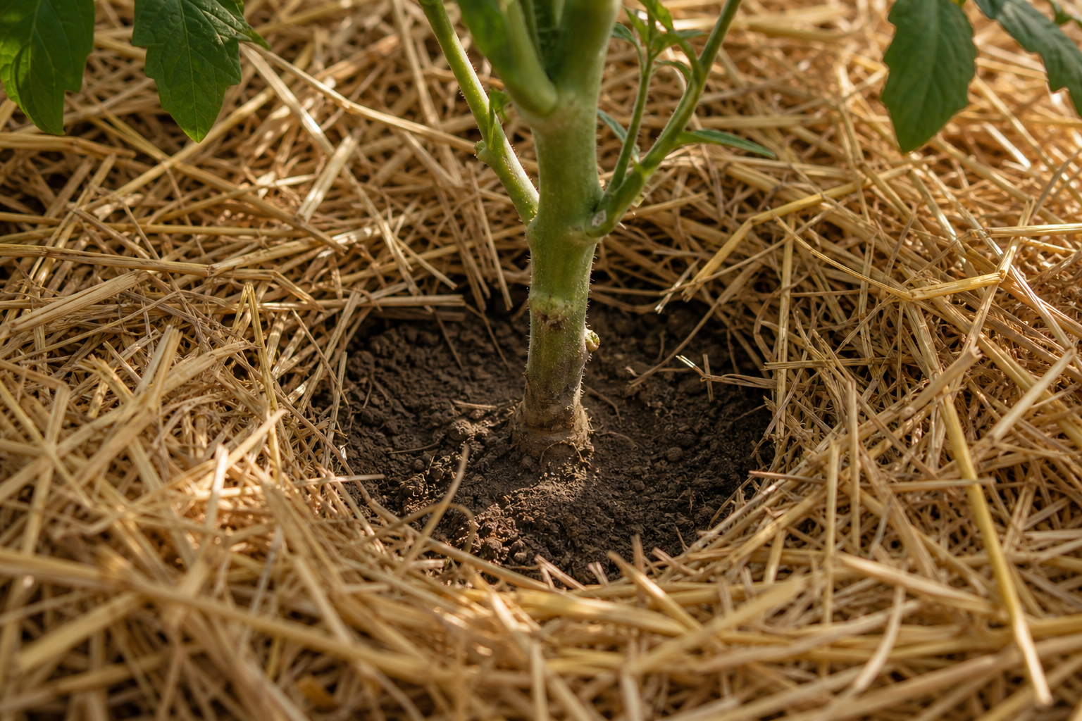 Paillage de paille au pied d'un plant de tomate avec collet dégagé sur 3 cm