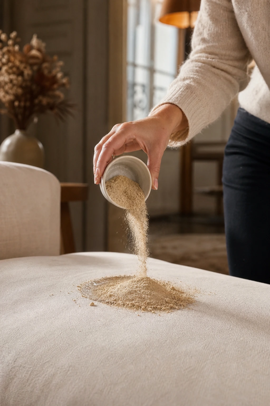 Application de terre de Sommières sur une tache de gras sur un canapé en tissu écru.