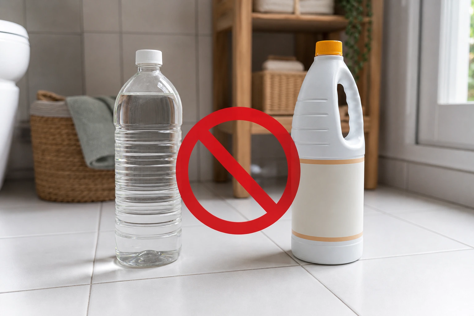 Vinaigre blanc et eau de Javel séparés avec un symbole d'interdiction, rappelant qu'il ne faut jamais les mélanger.