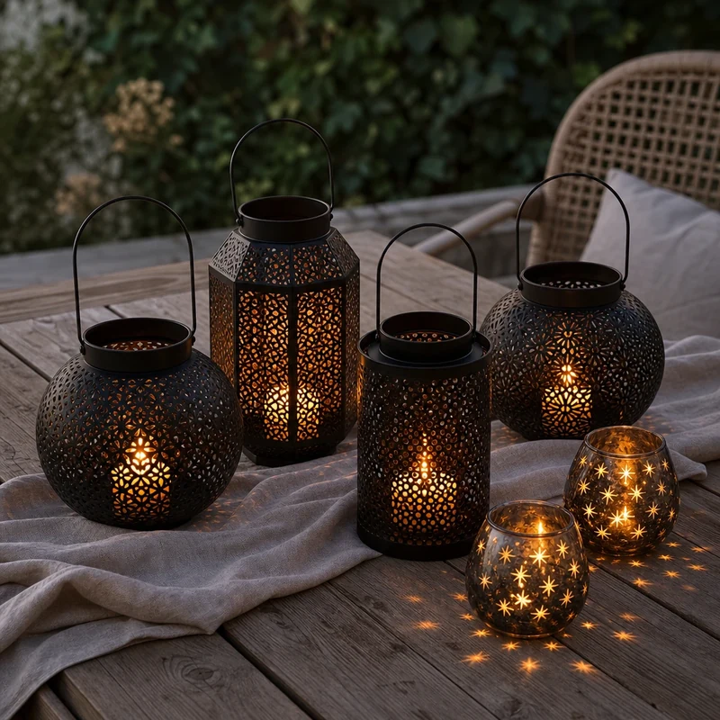 Lanternes en métal ajouré et bougies LED pour une lumière tamisée en extérieur