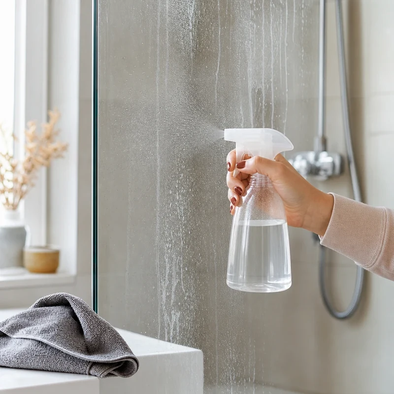 Vinaigre blanc dilué pulvérisé sur une paroi de douche couverte de calcaire