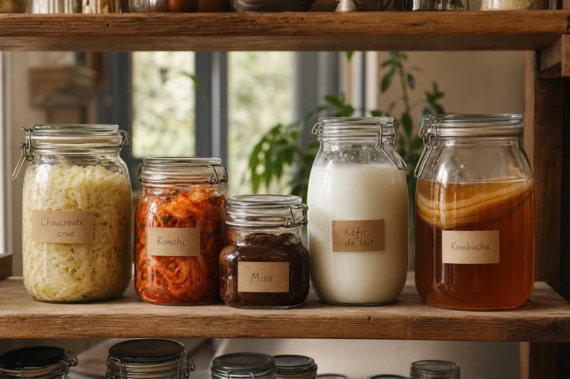 Bocaux d'aliments fermentés variés : choucroute crue, kimchi, miso, kéfir et kombucha