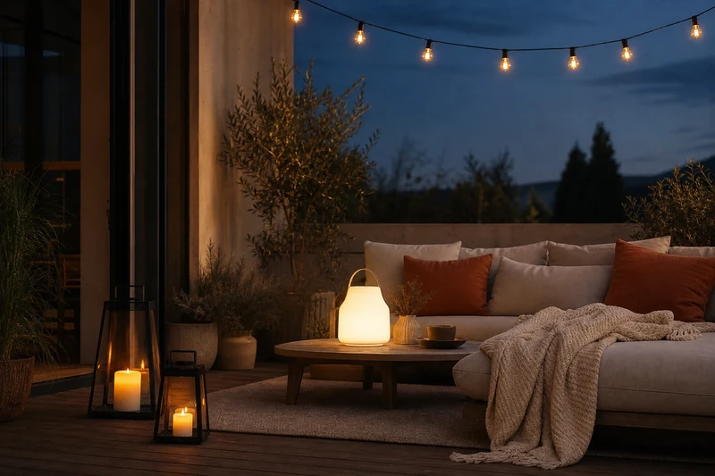 Terrasse éclairée par lampe nomade, lanternes au sol et guirlande ambrée à la tombée du jour