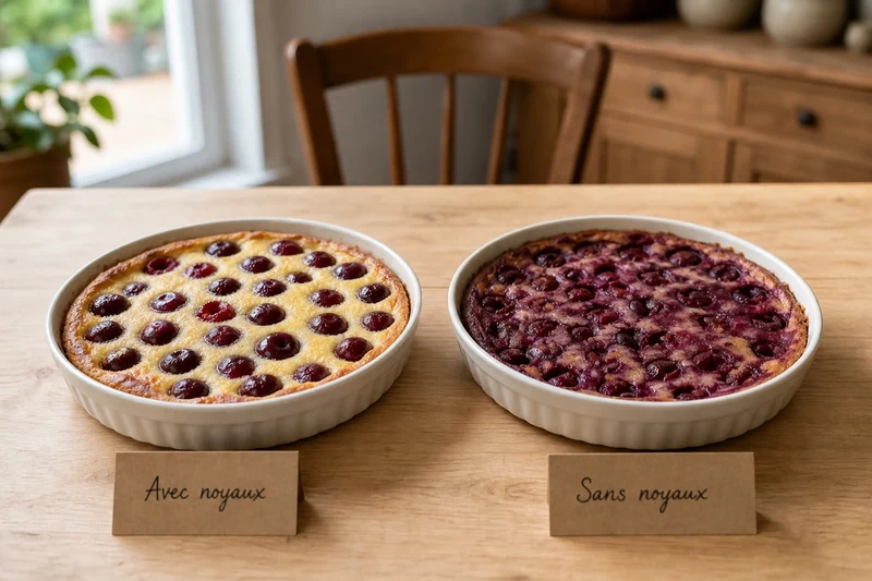 Comparaison côte à côte d'un clafoutis avec noyaux et d'un clafoutis dénoyauté